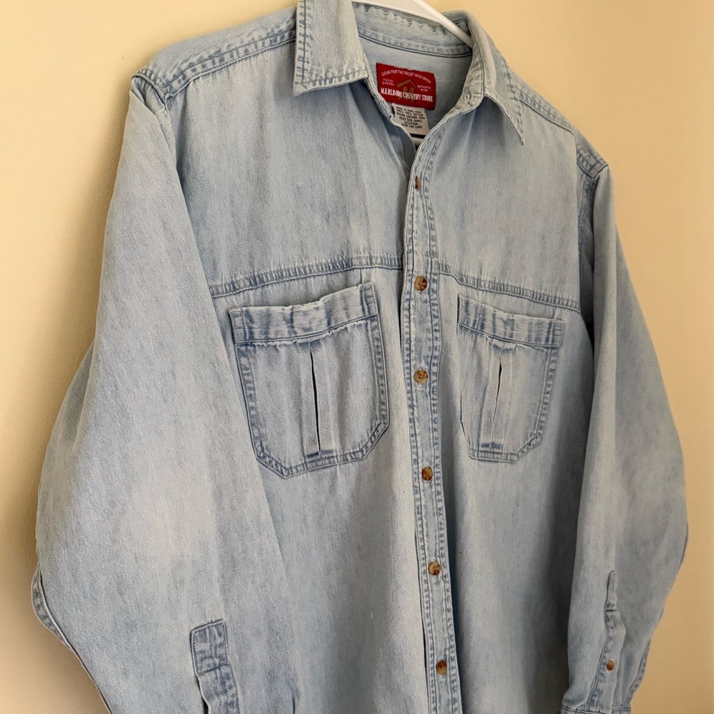 Vintage Marlboro Country Store Denim Shirt Leather Trim Size Small